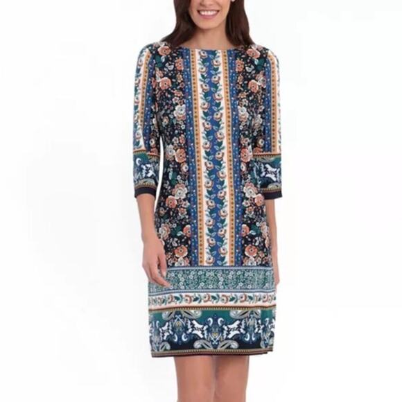 London Times Dress Floral Border Pattern 3/4 Sleeve Shift Mini Multicolor NWT 10 - Picture 1 of 11